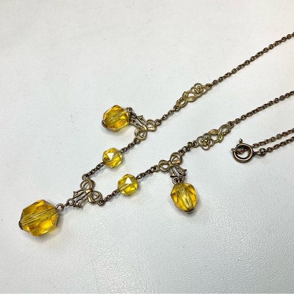 Art Deco Uranium Glass Bows Drops Necklace 20’s/30’s Original Antique - Picture 3 of 10